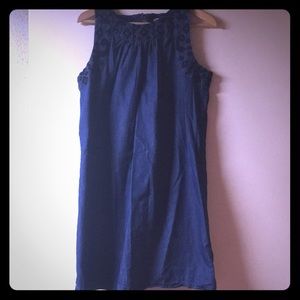 Chambray maternity dress with black embroidery